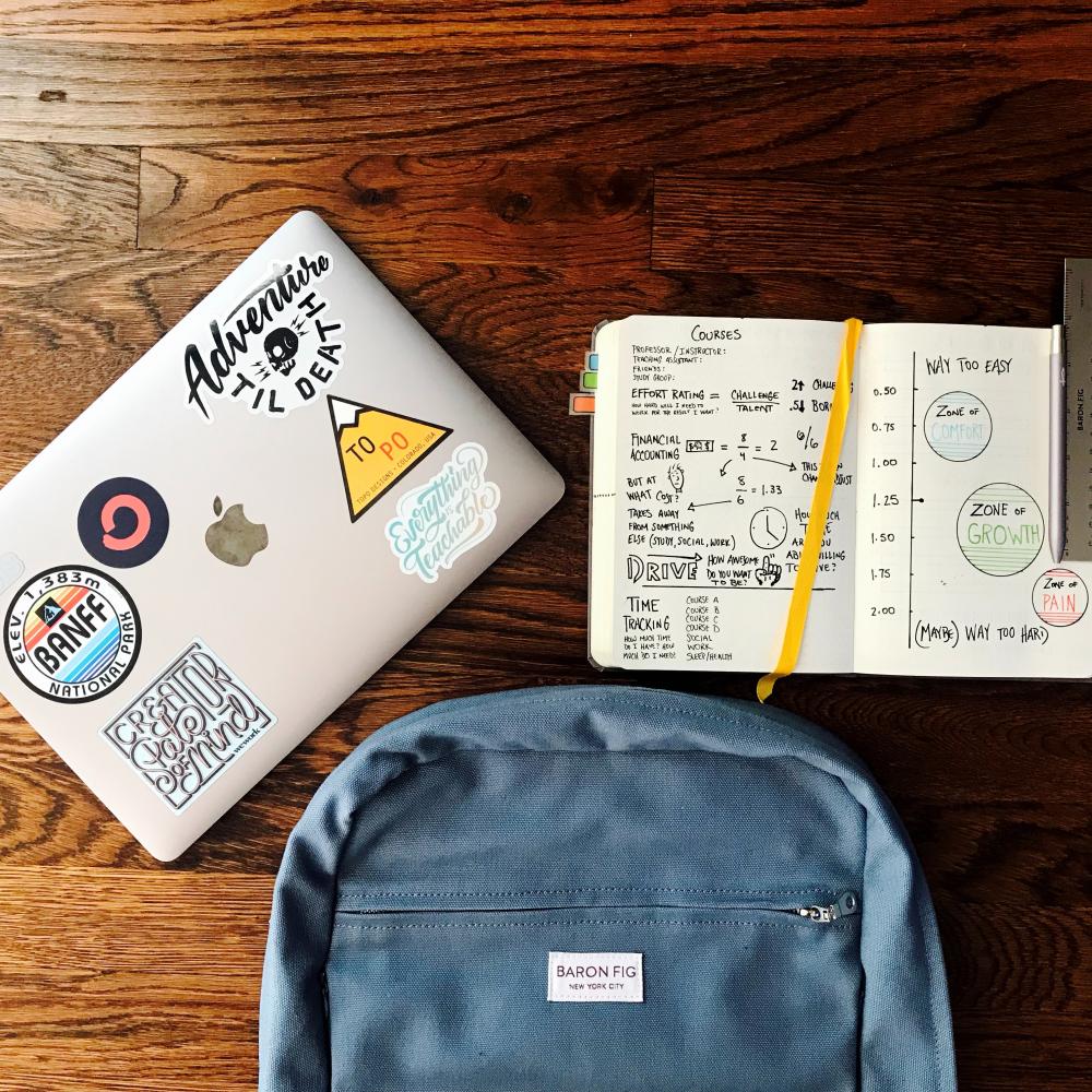 photo of a backpack computer and notebook