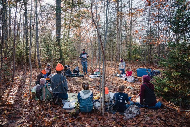 photo of students learning in the woods