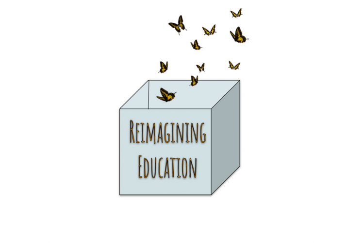 Reimagining Education Logo- butterflies flying out of a box